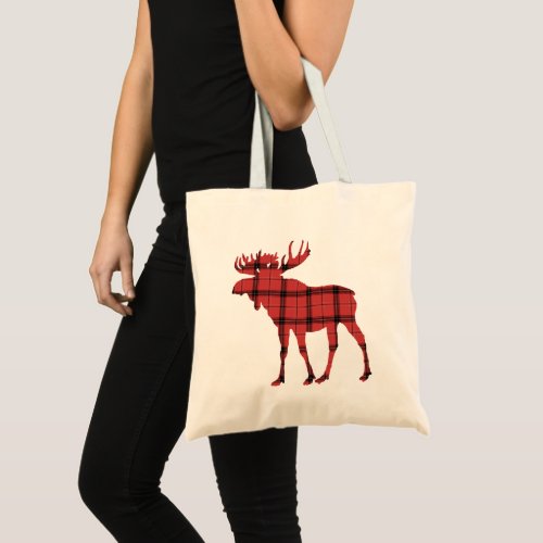 Lovely Moose Red and Black  Plaid Tartan Pattern Tote Bag