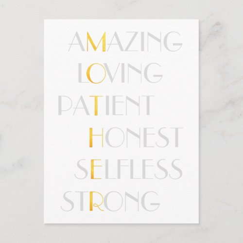 Lovely Mothers Gold Acrostic Poem Typography Gift Postcard