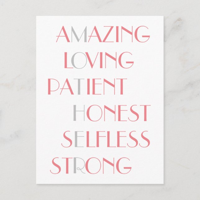 Lovely Mothers Pink Acrostic Poem Typography Gift Postcard (Front)