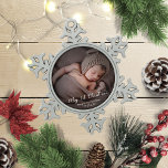 Lovely My First Christmas Newborn Baby Photo Snowflake Pewter Christmas Ornament<br><div class="desc">Simple lovely baby first Christmas ornament. Easy to personalize with your details. Please get in touch with me via chat if you have questions about the artwork or need customization. PLEASE NOTE: For assistance on orders,  shipping,  product information,  etc.,  contact Zazzle Customer Care directly https://help.zazzle.com/hc/en-us/articles/221463567-How-Do-I-Contact-Zazzle-Customer-Support-.</div>