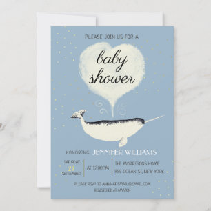 Lovely Narwhal Whale Baby Shower Blue Invitation