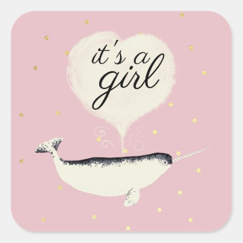 Lovely Narwhal Whale Girl Baby Shower Its a Girl Square Sticker