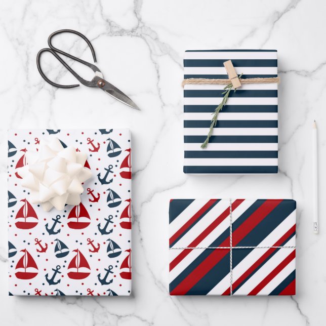 Lovely Nautical Themed Red and Blue Gift  Wrapping Paper Sheets (Front)