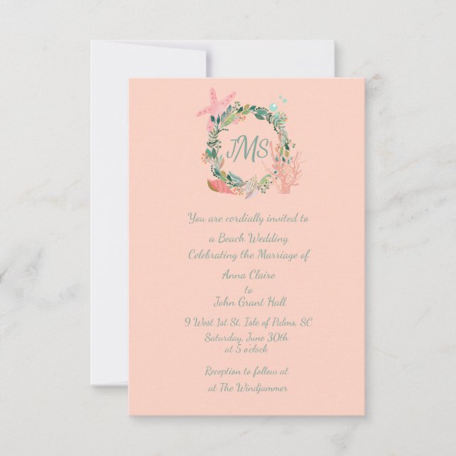 Lovely Nautical Wedding Announcements in Coral  (Front)