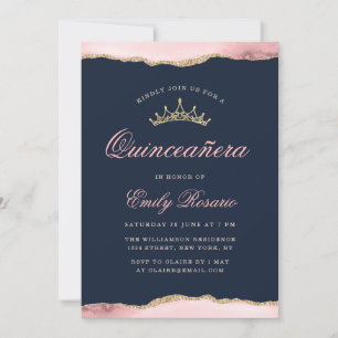 Lovely navy blue & blush agate quinceañera invitation