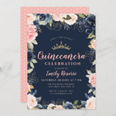 Lovely navy blue & blush floral quinceañera invitation (Front/Back)