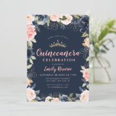Lovely navy blue & blush floral quinceañera invitation (Standing Front)
