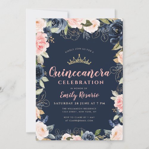 Lovely navy blue  blush floral quinceaera invitation