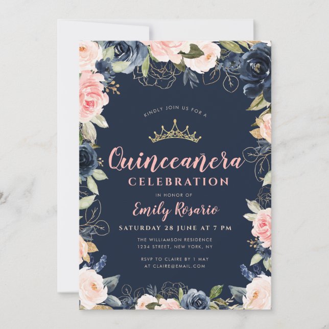 Lovely navy blue & blush floral quinceañera invitation (Front)