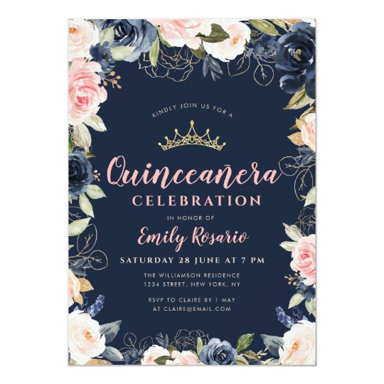 Lovely navy blue & blush floral quinceañera invitation | Zazzle.com