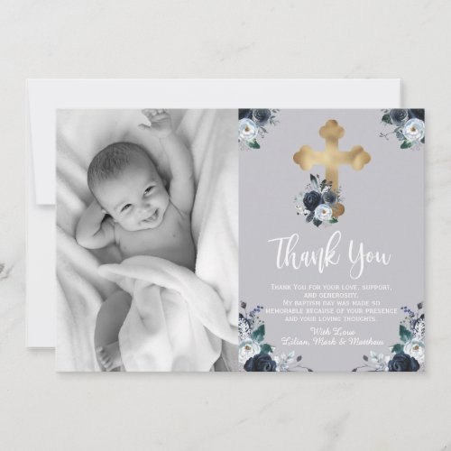 Lovely Navy Blue Floral Baptism Thank You Cards