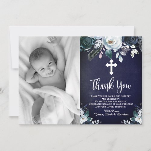 Lovely Navy Blue Floral Baptism Thank You Cards