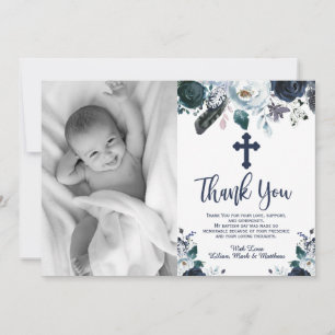 Lovely Navy Blue Floral Baptism Thank You Cards