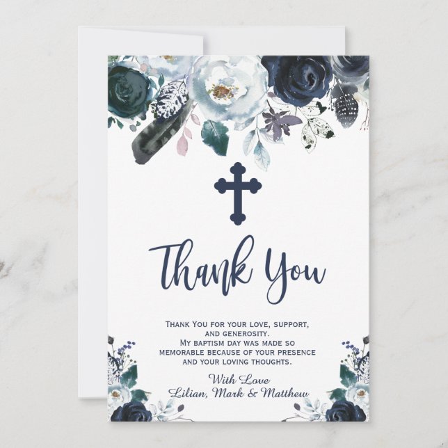 Lovely Navy Blue Floral Baptism Thank You Cards (Front)