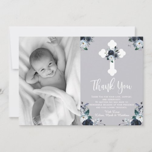 Lovely Navy Blue Floral Baptism Thank You Cards