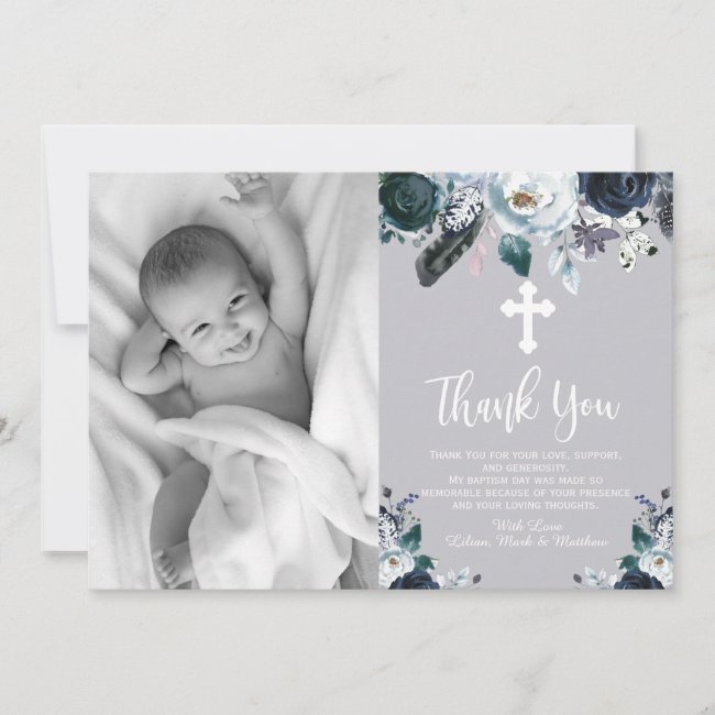 Lovely Navy Blue Floral Baptism Thank You Cards