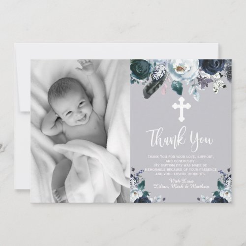 Lovely Navy Blue Floral Baptism Thank You Cards