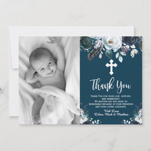 Lovely Navy Blue Floral Baptism Thank You Cards