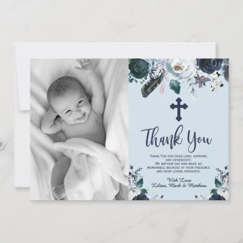 Lovely Navy Blue Floral Baptism Thank You Cards