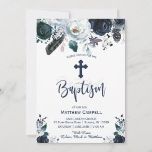 Lovely Navy Blue Rose Floral Baptism Invitation