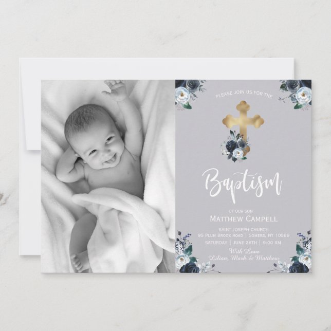 Lovely Navy Blue Rose Floral Baptism Invitation (Front)