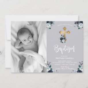 Lovely Navy Blue Rose Floral Baptism Invitation