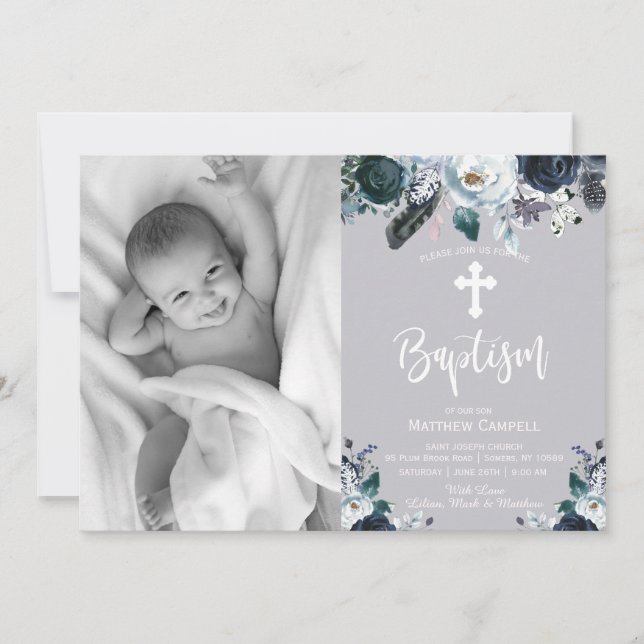 Lovely Navy Blue Rose Floral Baptism Invitation (Front)
