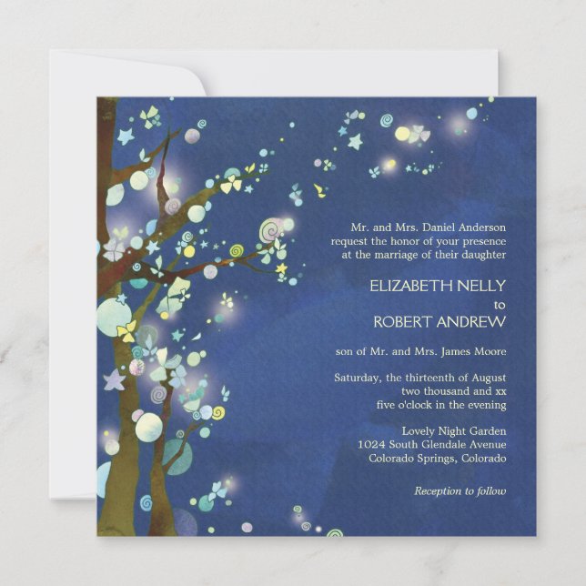 Lovely Night in Blue Tree Theme Wedding Invitation (Front)
