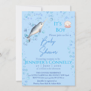 Lovely ocean Baby boy Narwhal bubbles Baby Shower Invitation