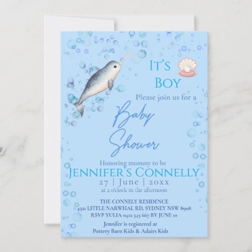 Lovely ocean Baby boy Narwhal bubbles Baby Shower Invitation