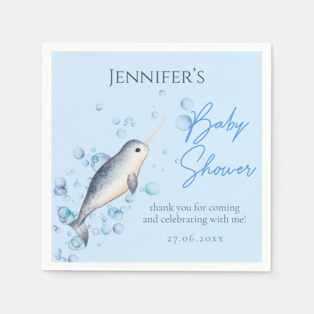 Lovely ocean baby boy Narwhal bubbles Baby Shower Napkins (Front)