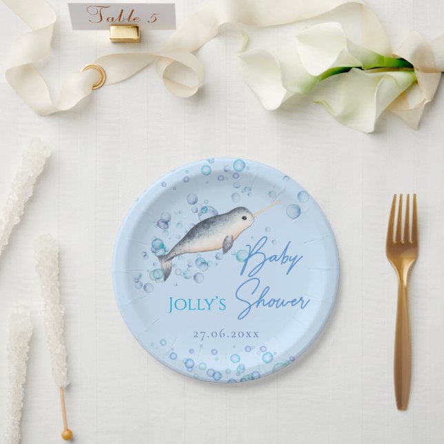 Lovely Ocean baby boy Narwhal bubbles Baby Shower Paper Plates (Wedding)