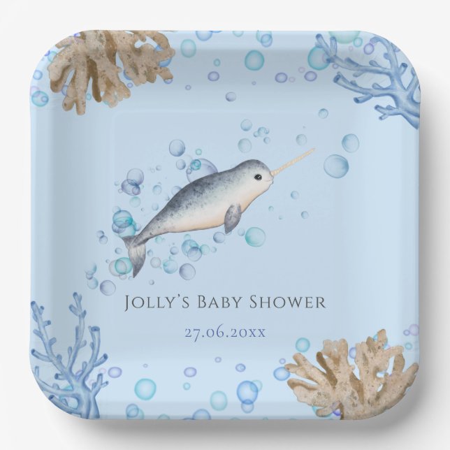 Lovely Ocean baby boy Narwhal bubbles Baby Shower  Paper Plates (Front)