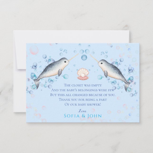 Lovely ocean baby boy Narwhal & bubbles Thank You Card (Front)