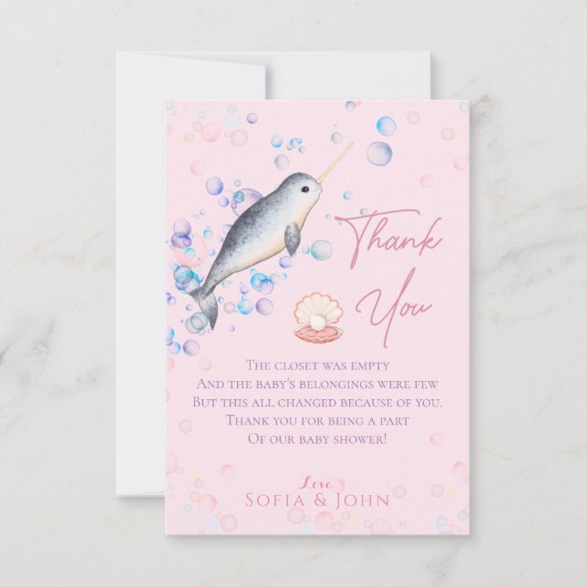 Lovely ocean baby Narwhal & bubbles  Thank You Car Card (Front)