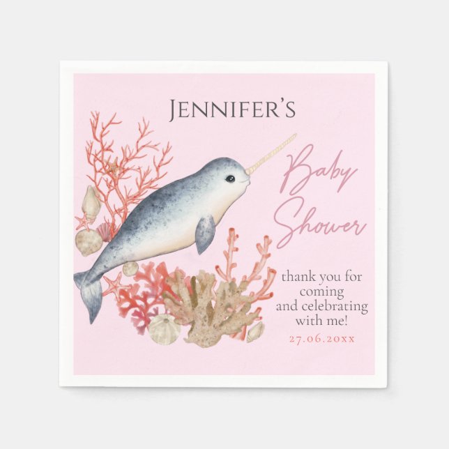Lovely ocean baby Narwhal seashells Baby Shower Napkins (Front)