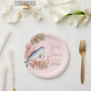 Lovely Ocean baby Narwhal seashells Baby Shower Paper Plates