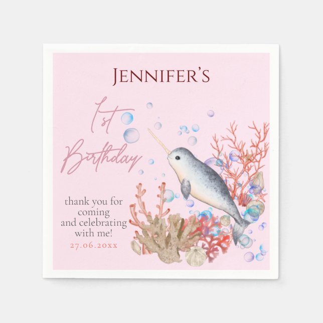 Lovely ocean baby Narwhal seashells Birthday Party Napkins (Front)