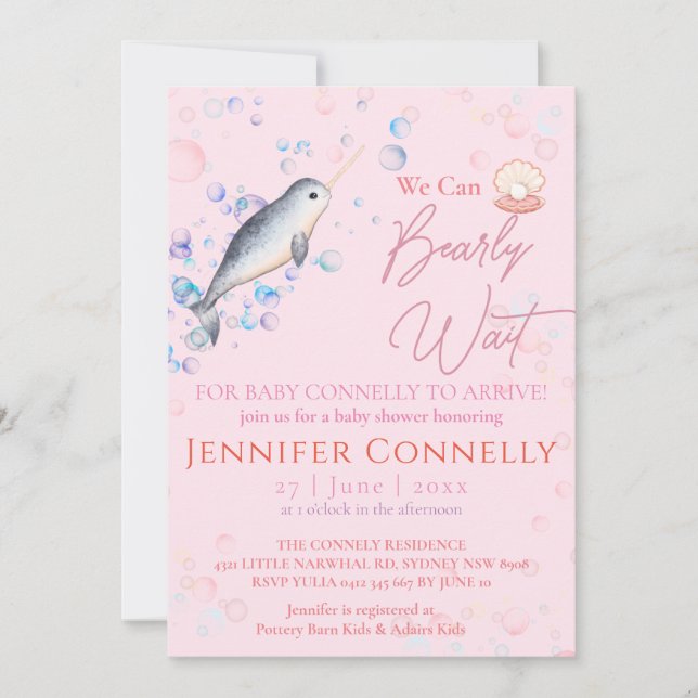 Lovely ocean Narwhal seashells bubbles Baby Shower Invitation (Front)
