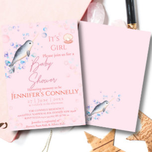 Lovely ocean Narwhal seashells bubbles Baby Shower Invitation