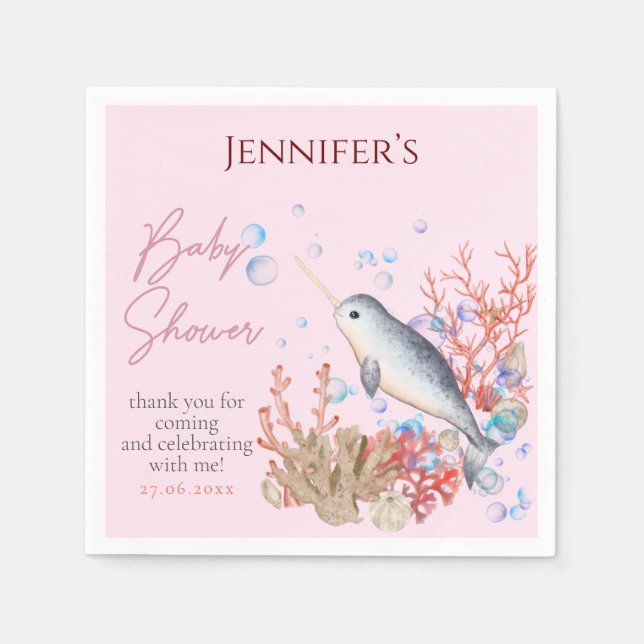 Lovely ocean pinky Narwhal seashells Baby Shower Napkins (Front)