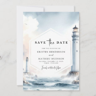 Lovely Oceanic Elegance Lighthouse Wedding Save The Date