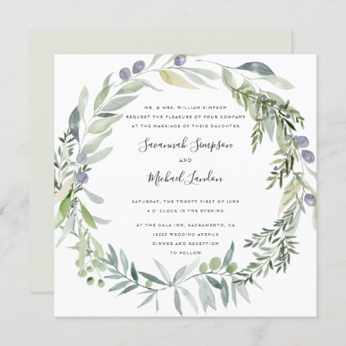 Lovely Olive and leaves formal wedding Invitation