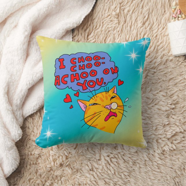 Lovely Orange Cat Sneezing On You Text  Throw Pillow (Blanket)