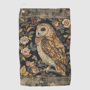Lovely Owl in the Flowers Garden ,Gold Checkered , Golf Towel