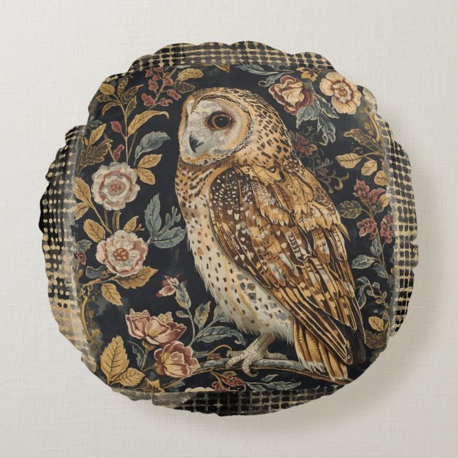 Lovely Owl in the Flowers Garden ,Gold Checkered , Round Pillow (Front)