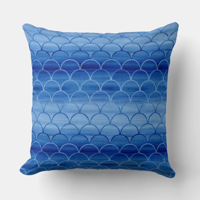Lovely Painted Light and Dark Blue Scale Pattern Throw Pillow (Front)
