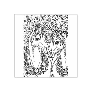 LOVELY PAIR OF UNICORNS, FANTASY HORSES & FLOWERS RUBBER STAMP