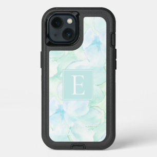 Lovely Pale Teal Blue and Green Blossoms Monogram iPhone 13 Case