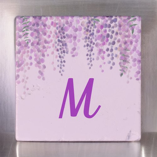 Lovely Pale Watercolor Look Wisteria with Initial Stone Magnet
